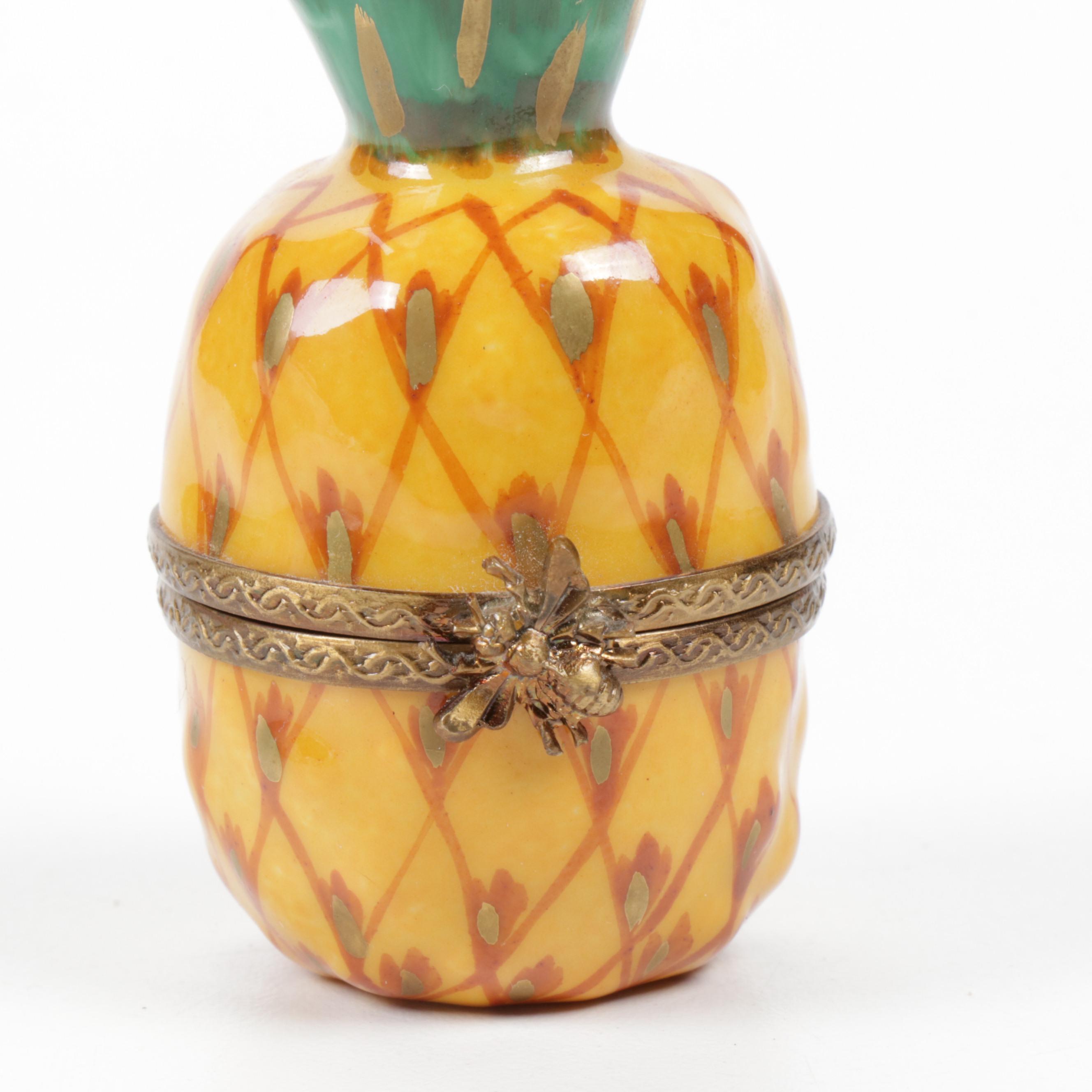 Hand-Painted Porcelain Pineapple Limoges Trinket Box