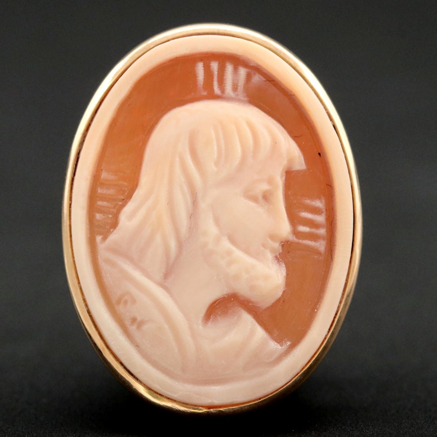 14K Yellow Gold Helmet Shell Carved Cameo Religious Portrait Converter Brooch