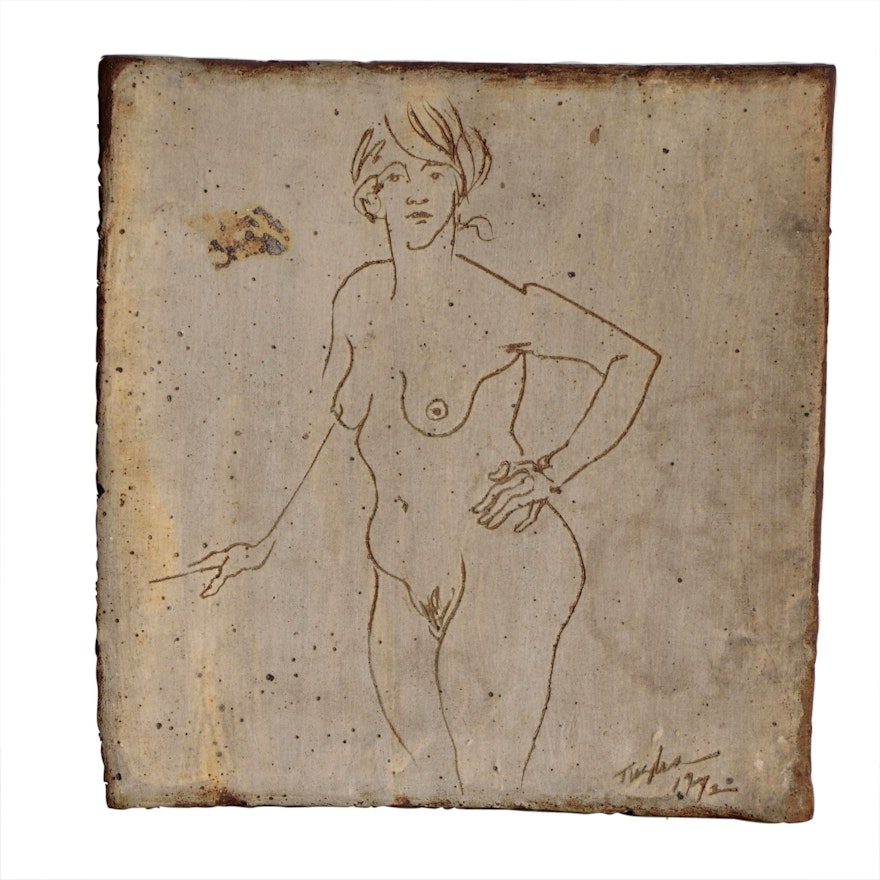 John Tuska Stoneware Plaque of Female Figure, 1972