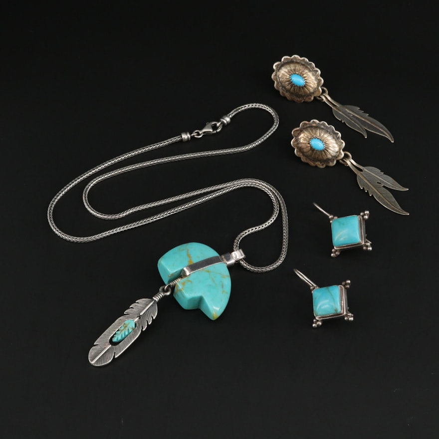 Southwestern Style Sterling Silver Imitation Turquoise Jewelry With Bear Pendant