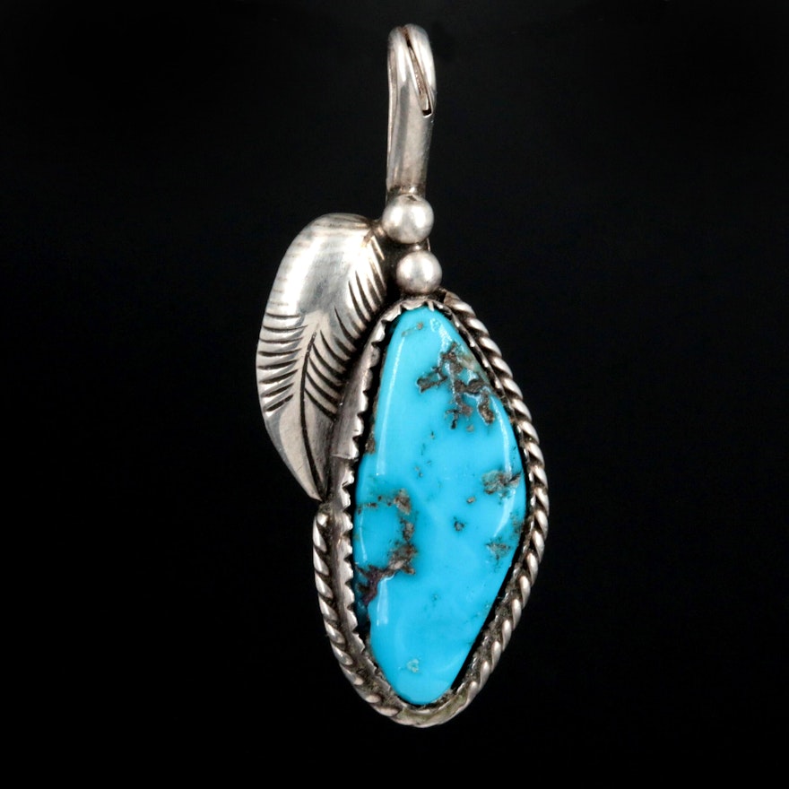 Signed Southwestern Style Sterling Silver Turquoise and Feather Pendant