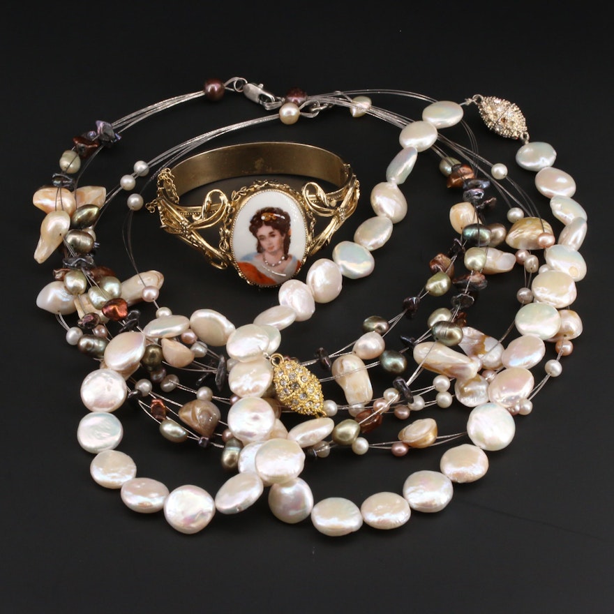 Limoges Porcelin, Cultured Pearl, Rhinestone and Foilback Glass Jewelry