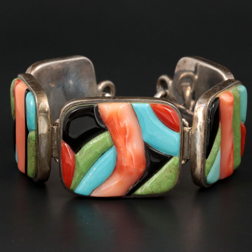 Southwestern Style Sterling Silver Bracelet Featuring Coral and Turquoise