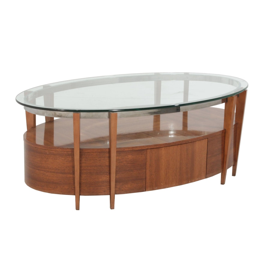 Hickory White Oval Coffee Table with Thick Glass Top, Mid-20th Century