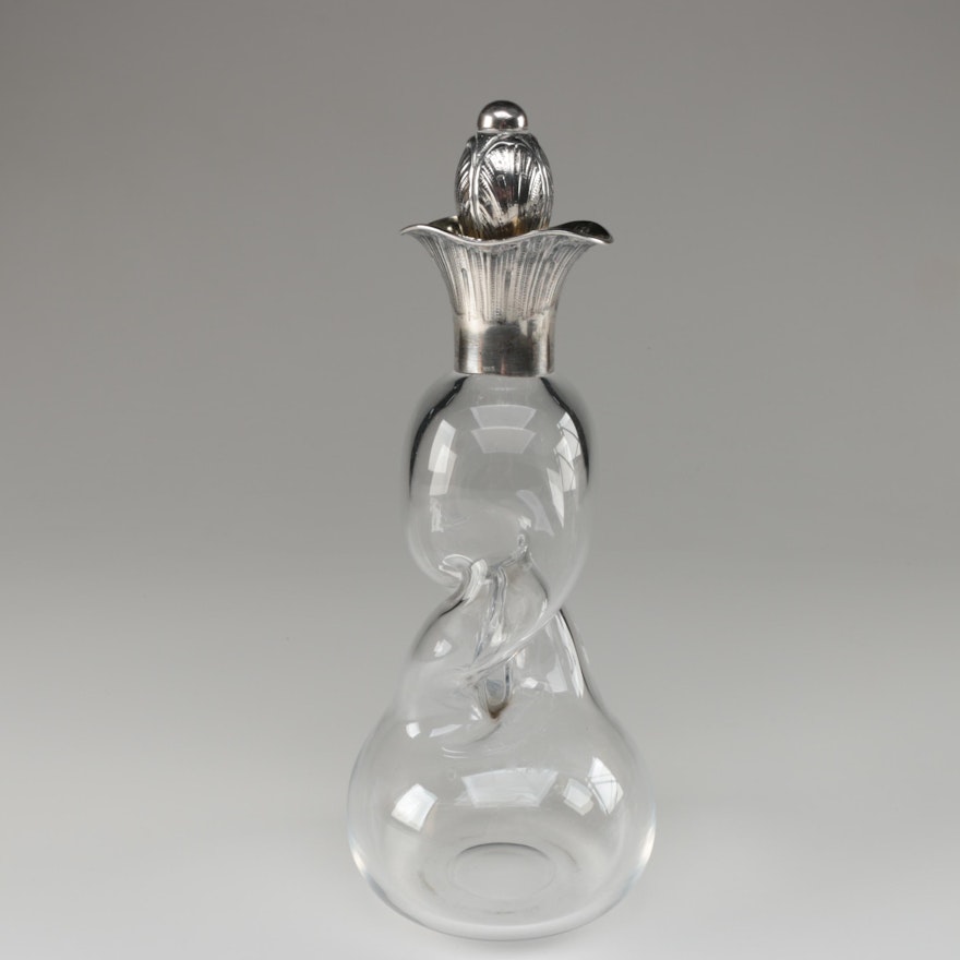 Danish 826 Silver Collared Twisted Glass Decanter, Early/Mid 20th Century