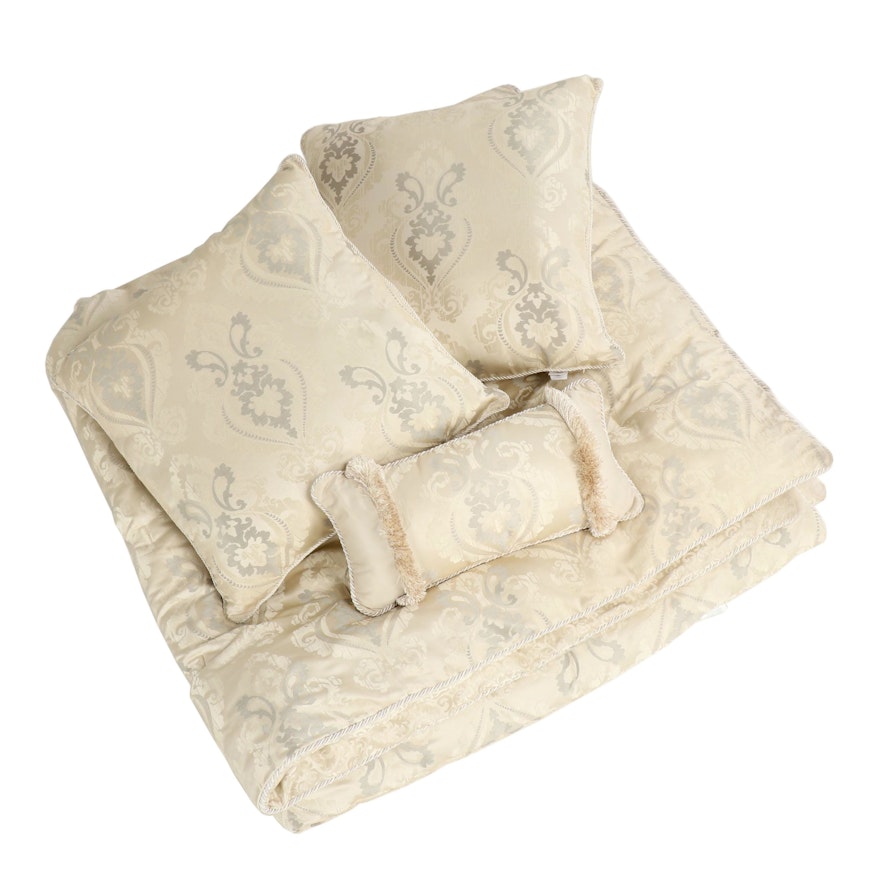 Waterford Linens Damask Queen Comforter with Euro Shams and Kidney Pillow
