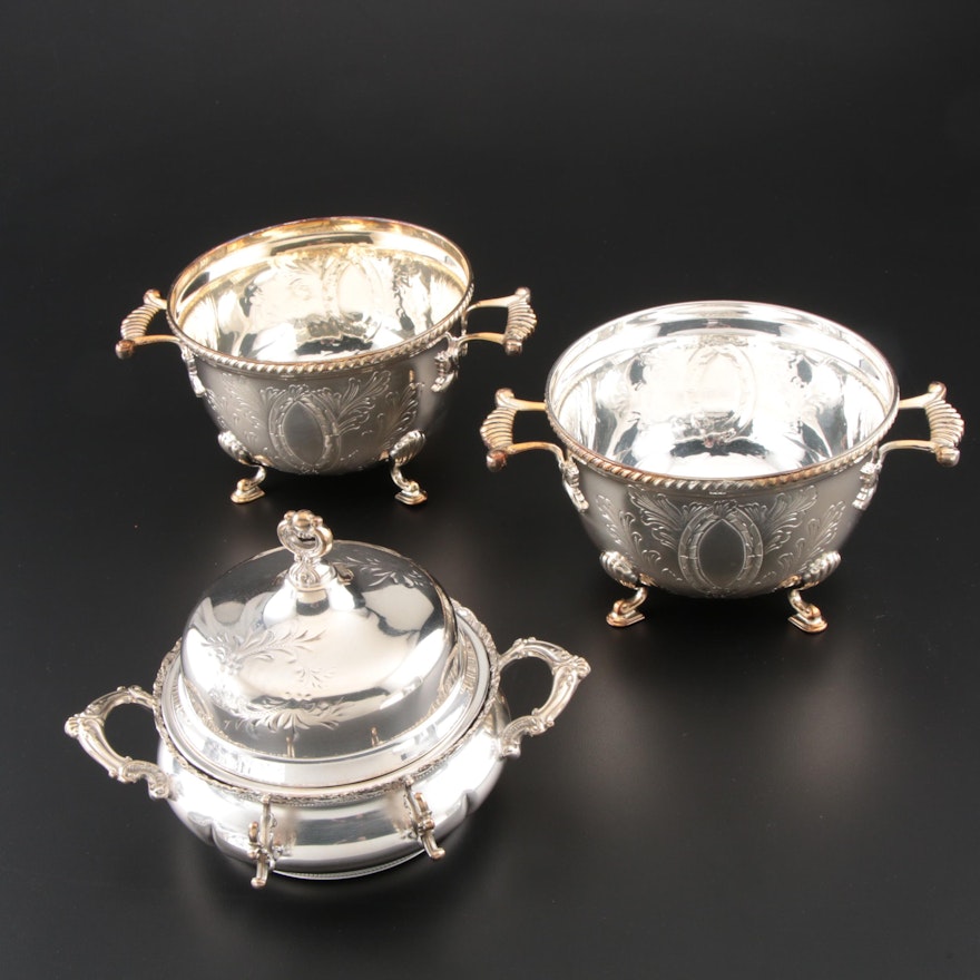 Forbes Silver Co. Silver Plate Butter Dish with Silver Plate Waste Bowls