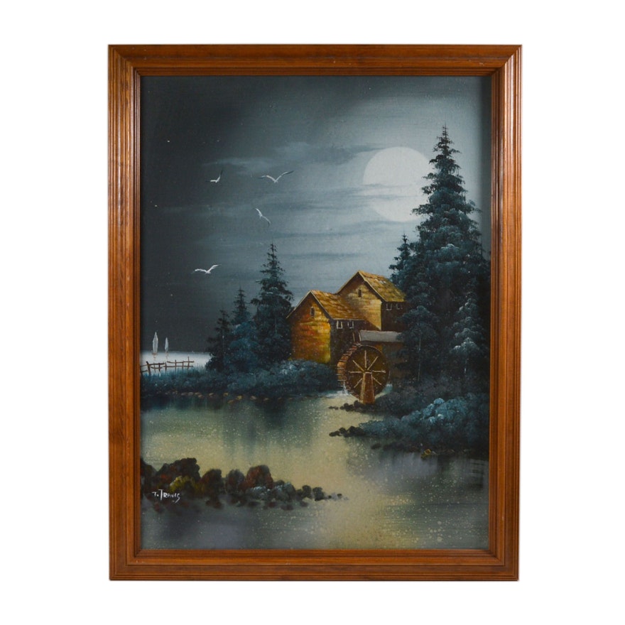 T. Travis Oil Painting of Mill and Pond