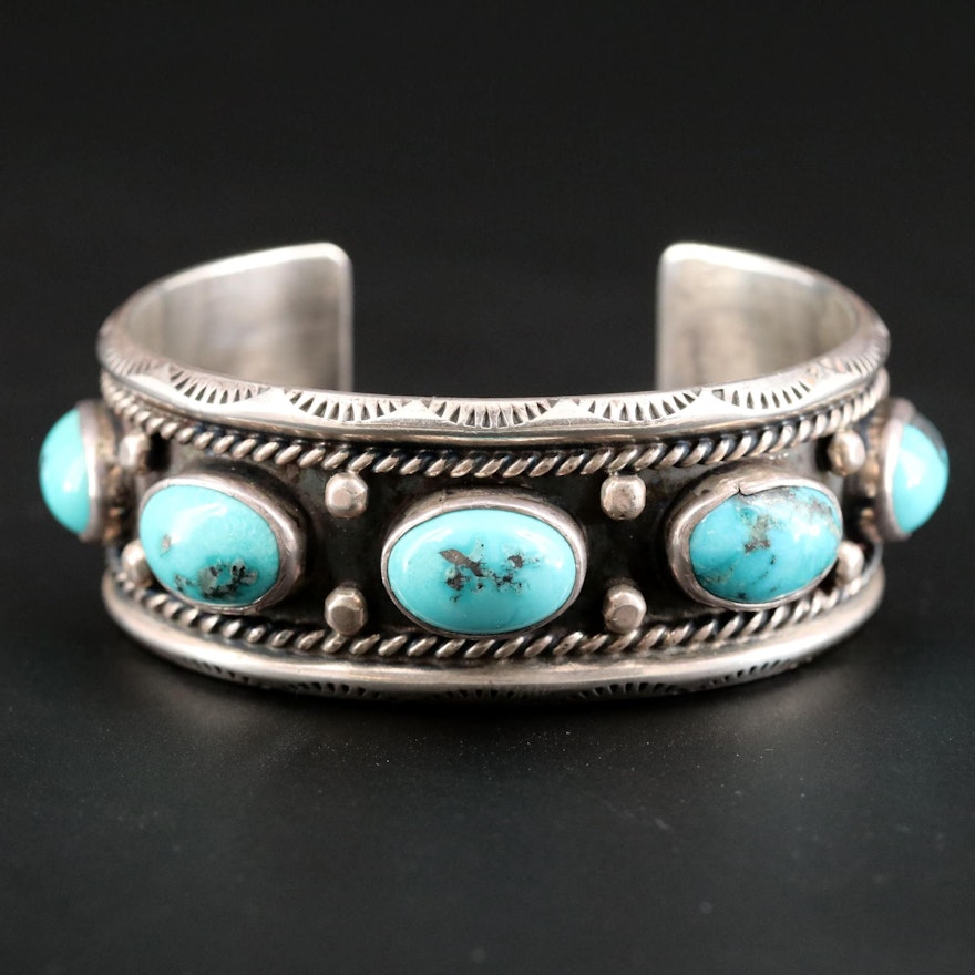 Southwestern Style Sterling Silver with Stampwork and Turquoise Cuff Bracelet