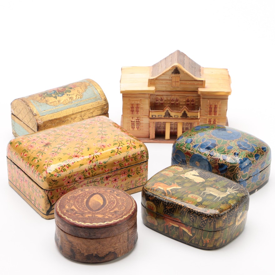 Indian Lacquer Boxes with Giltwood Stamp Box and Other Trinket Boxes