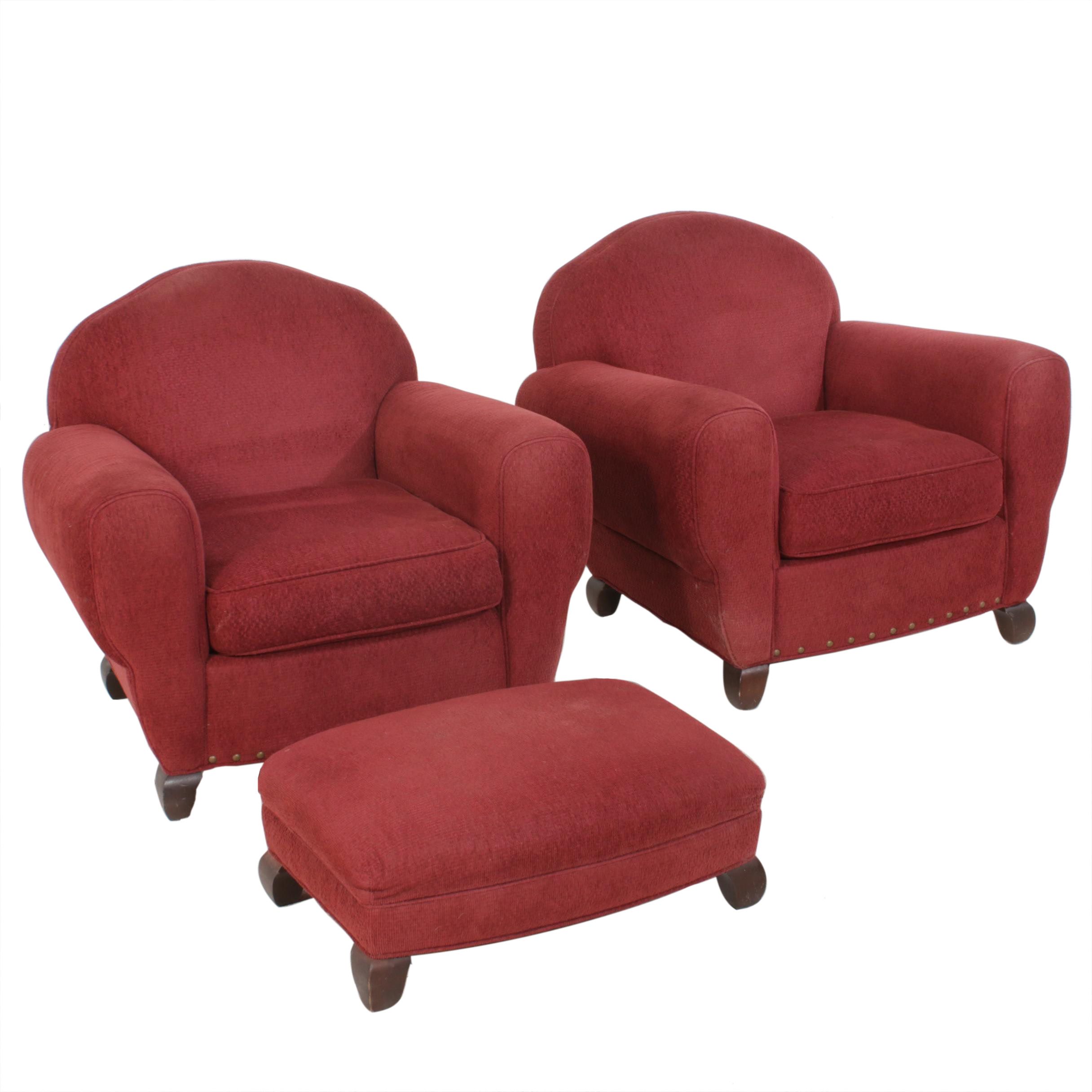 Arhaus Chenille Upholstered Armchairs with Footstool, Contemporary