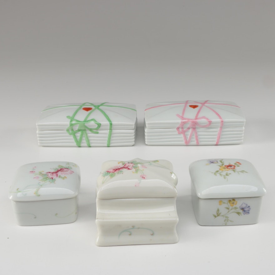 Limoges Porcelain Trinket Boxes and Stamp Holder Including Rochard