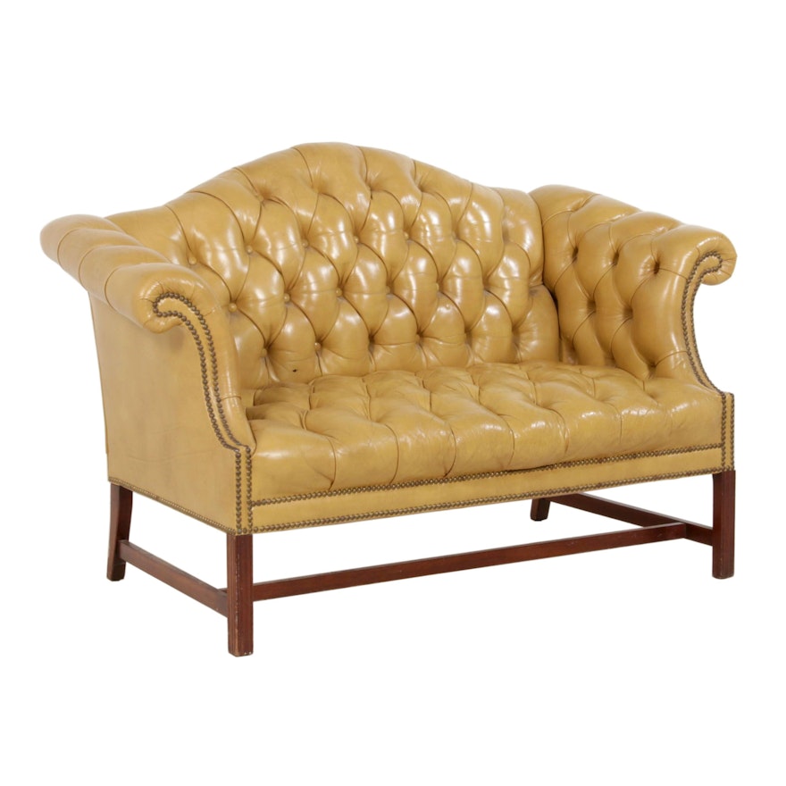 George III Style Button-Tufted Leather Loveseat, Mid to Late 20th C.