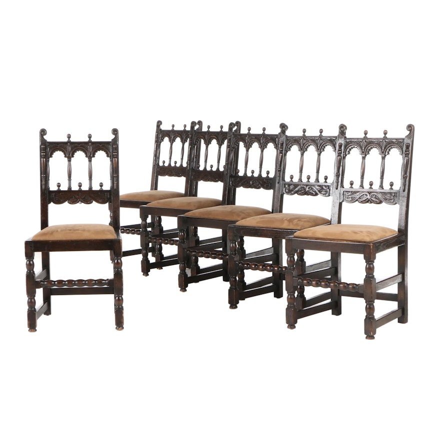 Kensington Mfg. Co., Six Jacobean Style Oak Dining Chairs, Early 20th Century