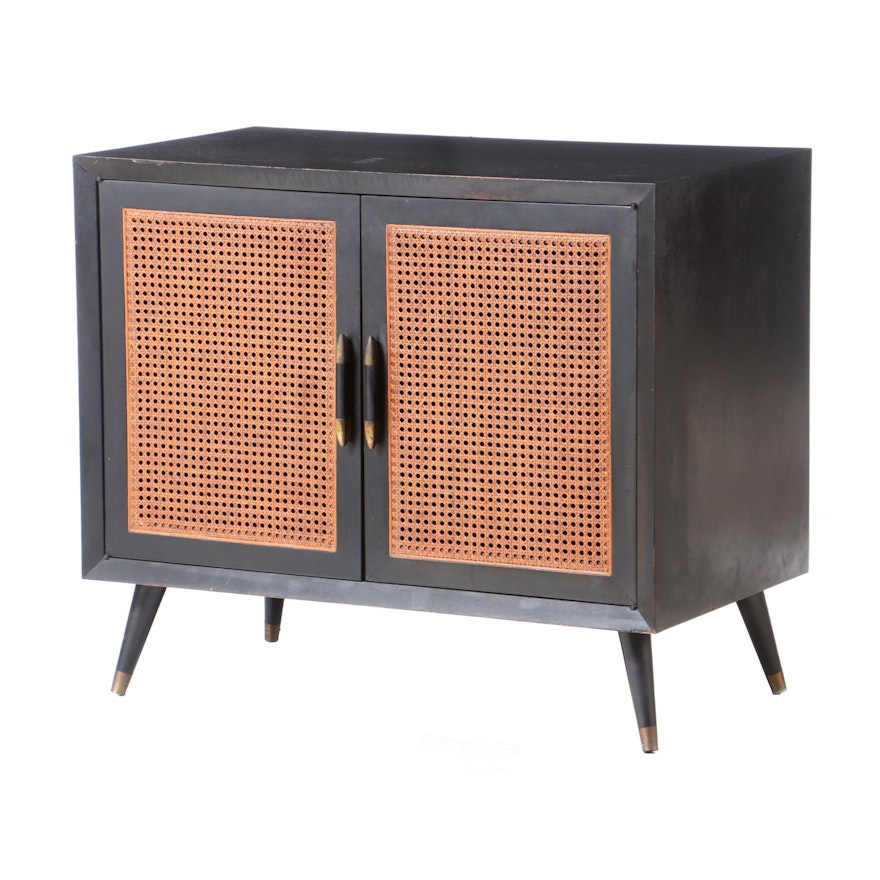 Mid Century Modern Caned Black Cabinet, 1950s