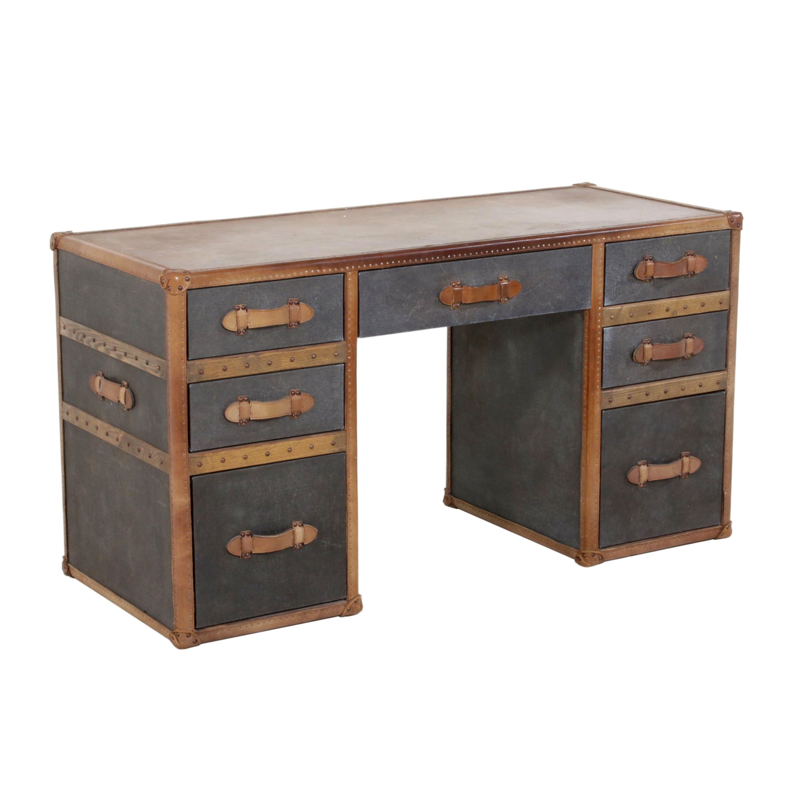 Restoration Hardware "Mayfair" Steamer Trunk Leather and Canvas Desk