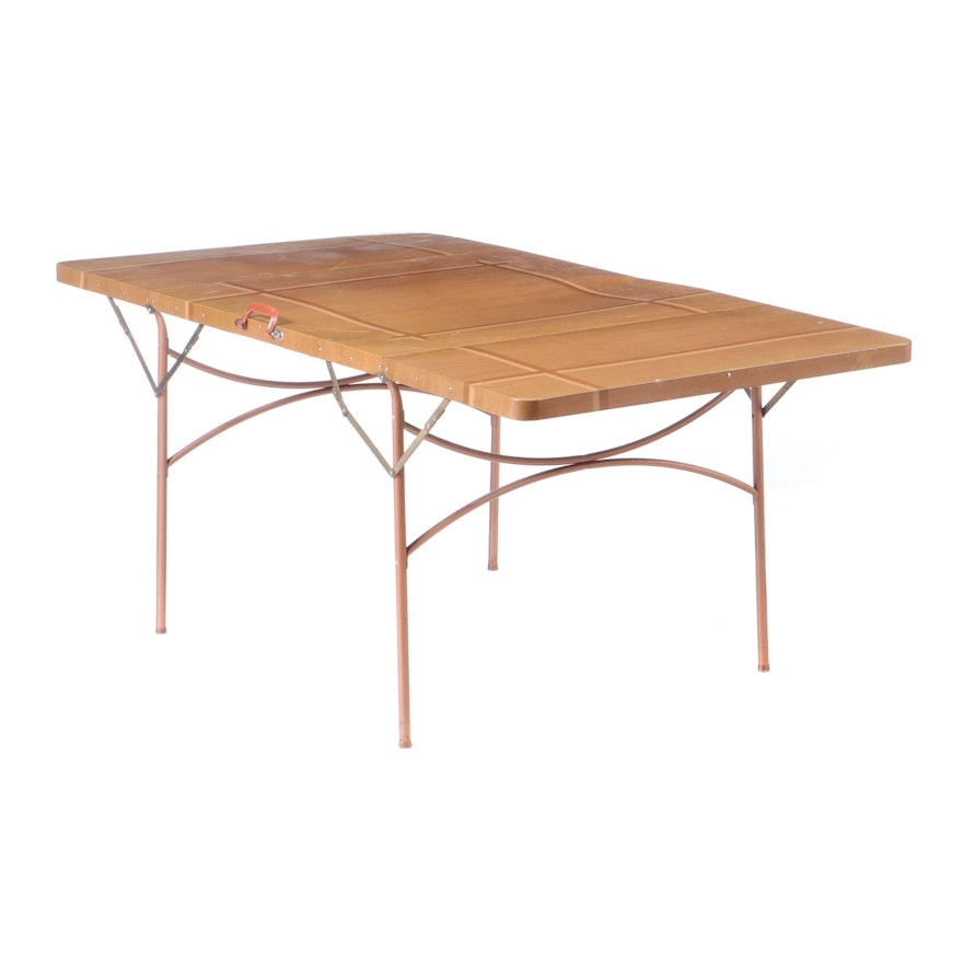 Wood Grained Veneer Metal Portable Folding Table, Mid-20th Century