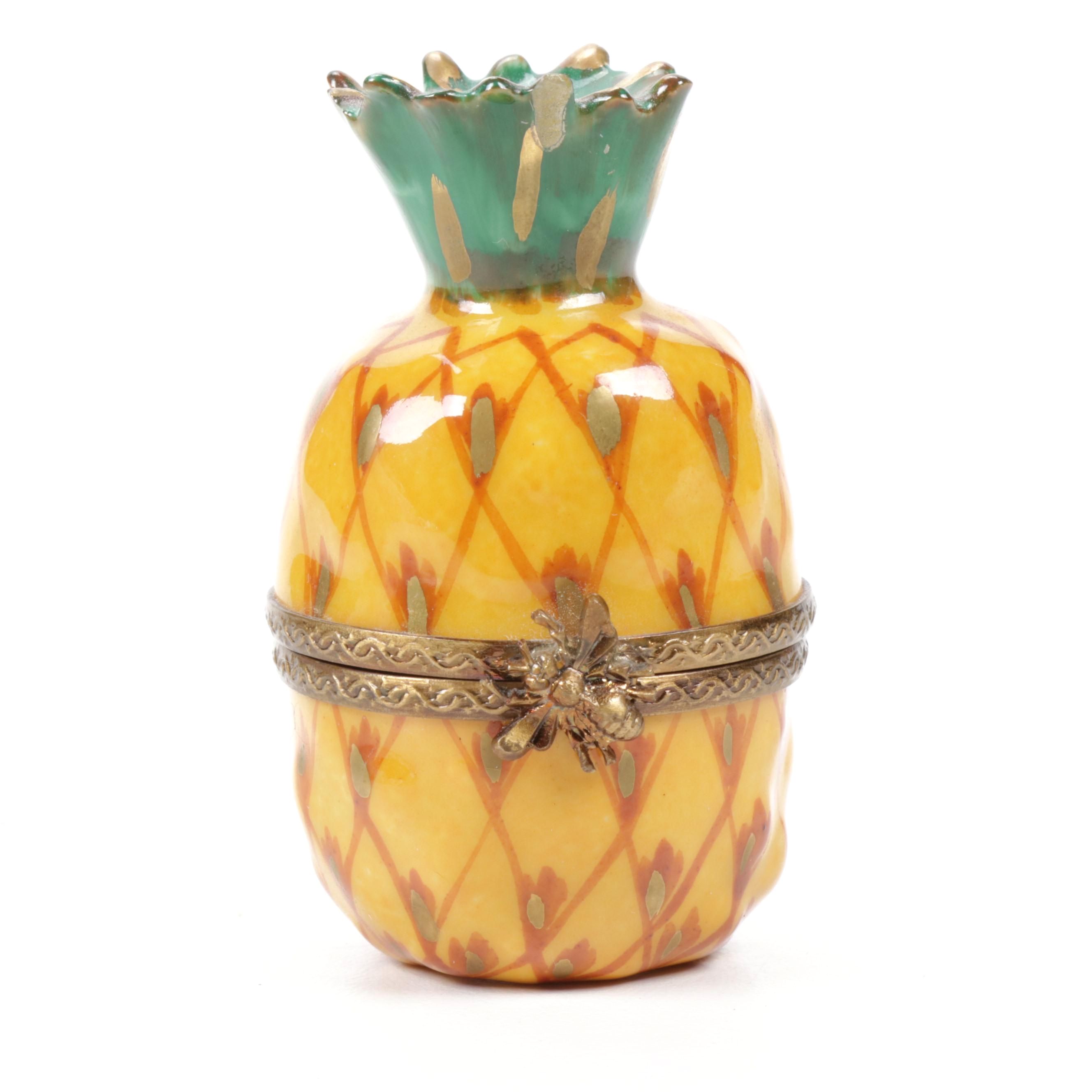 Hand-Painted Porcelain Pineapple Limoges Trinket Box