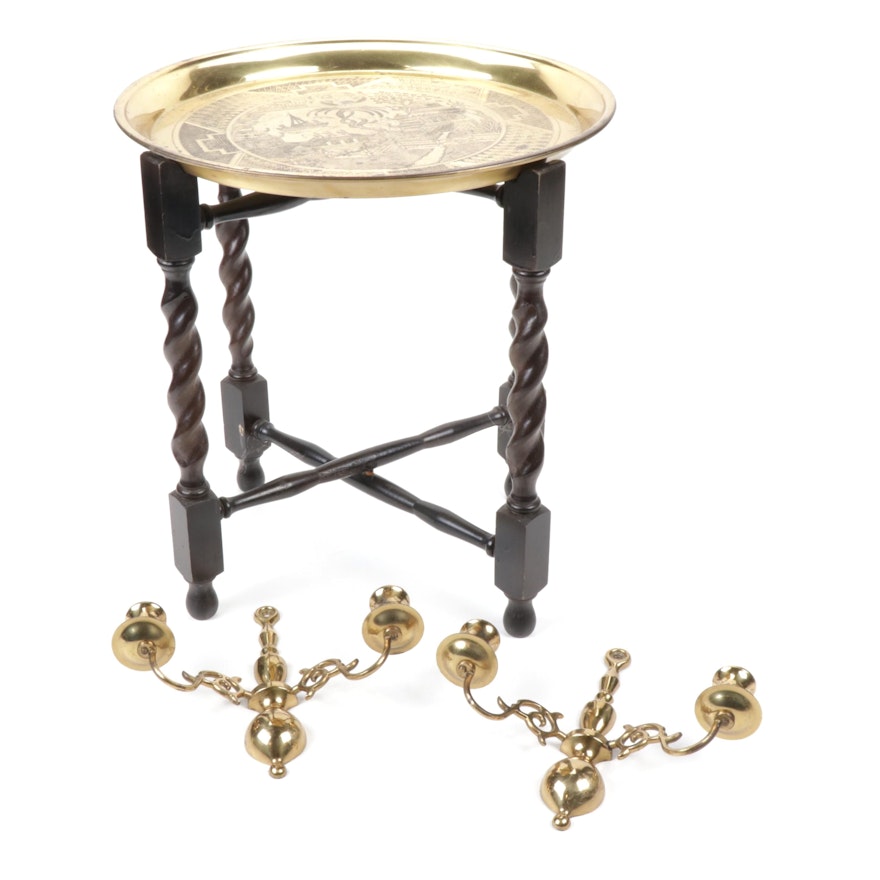 "Blue Willow" Engraved Brass Tea Tray Table and Wilton Sconces