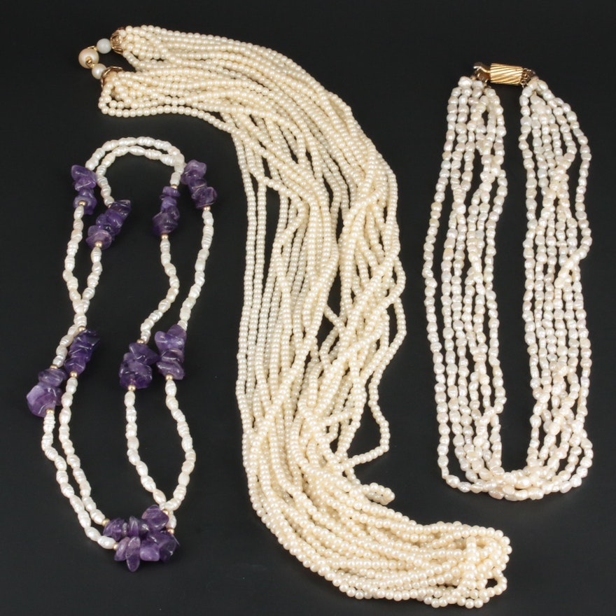 Cultured and Imitation Pearl Necklaces Featuring Amethyst