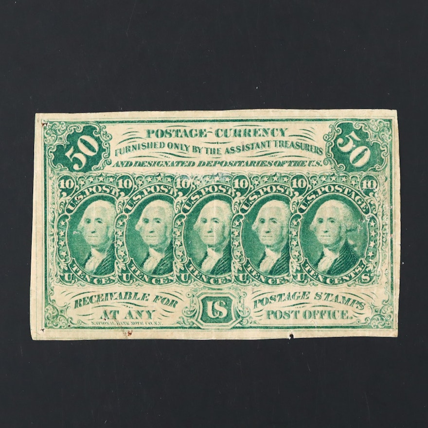 First Issue Fifty Cent Fractional Currency Note With George Washington Stamps