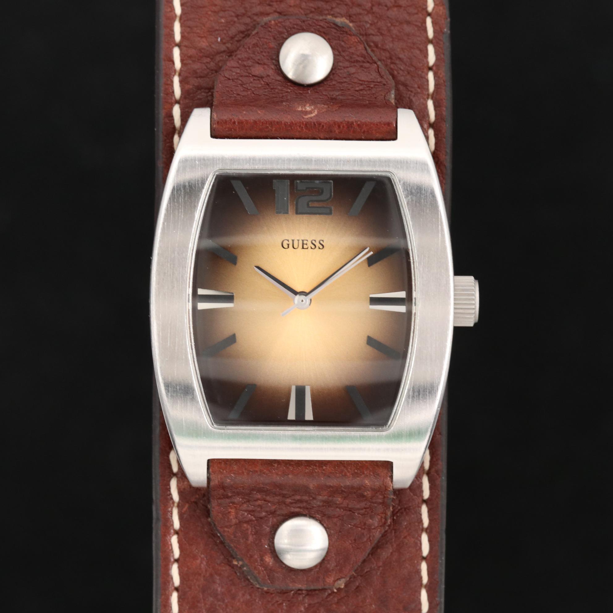 Guess Stainless Steel Quartz Watch on Leather Strap Band