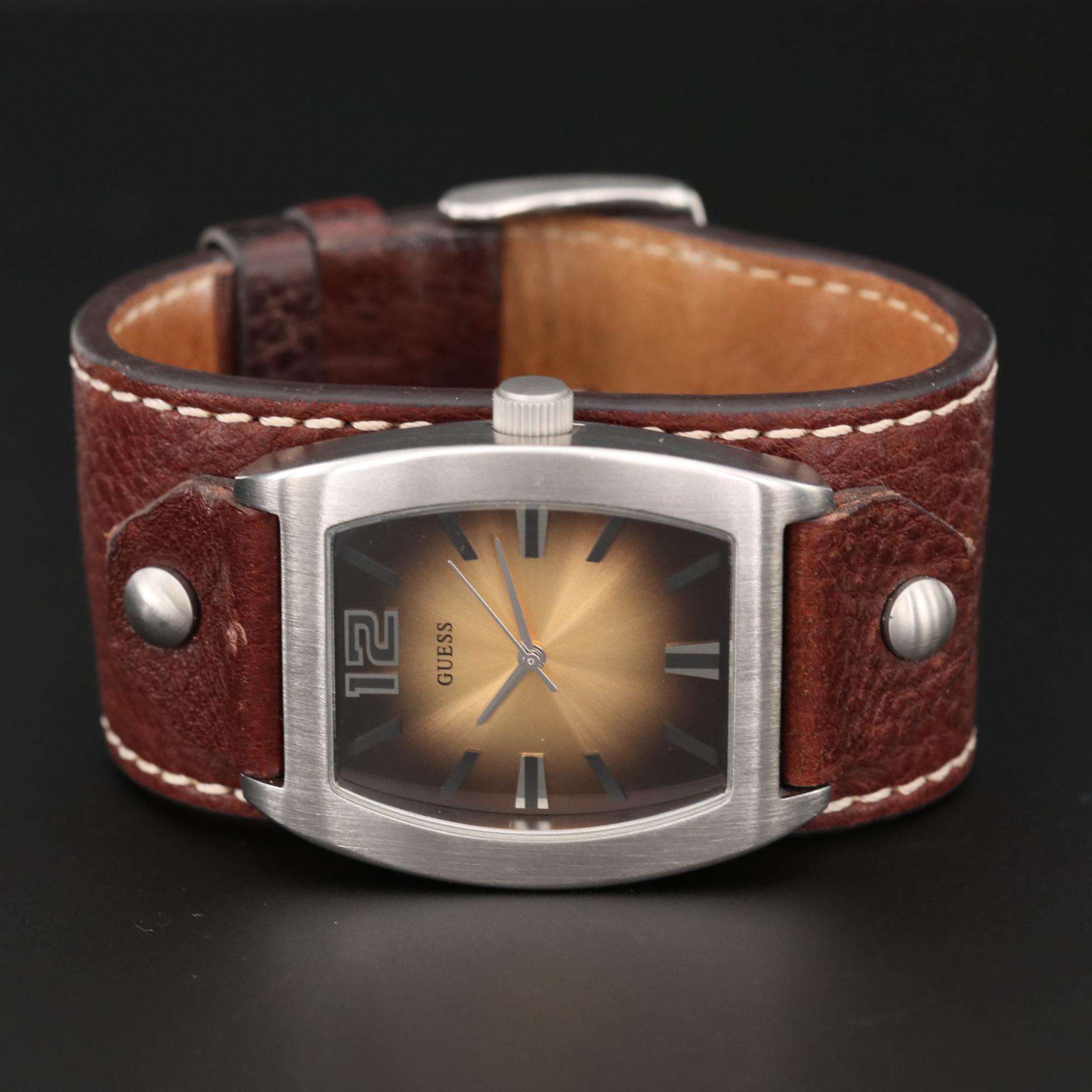 Guess Stainless Steel Quartz Watch on Leather Strap Band