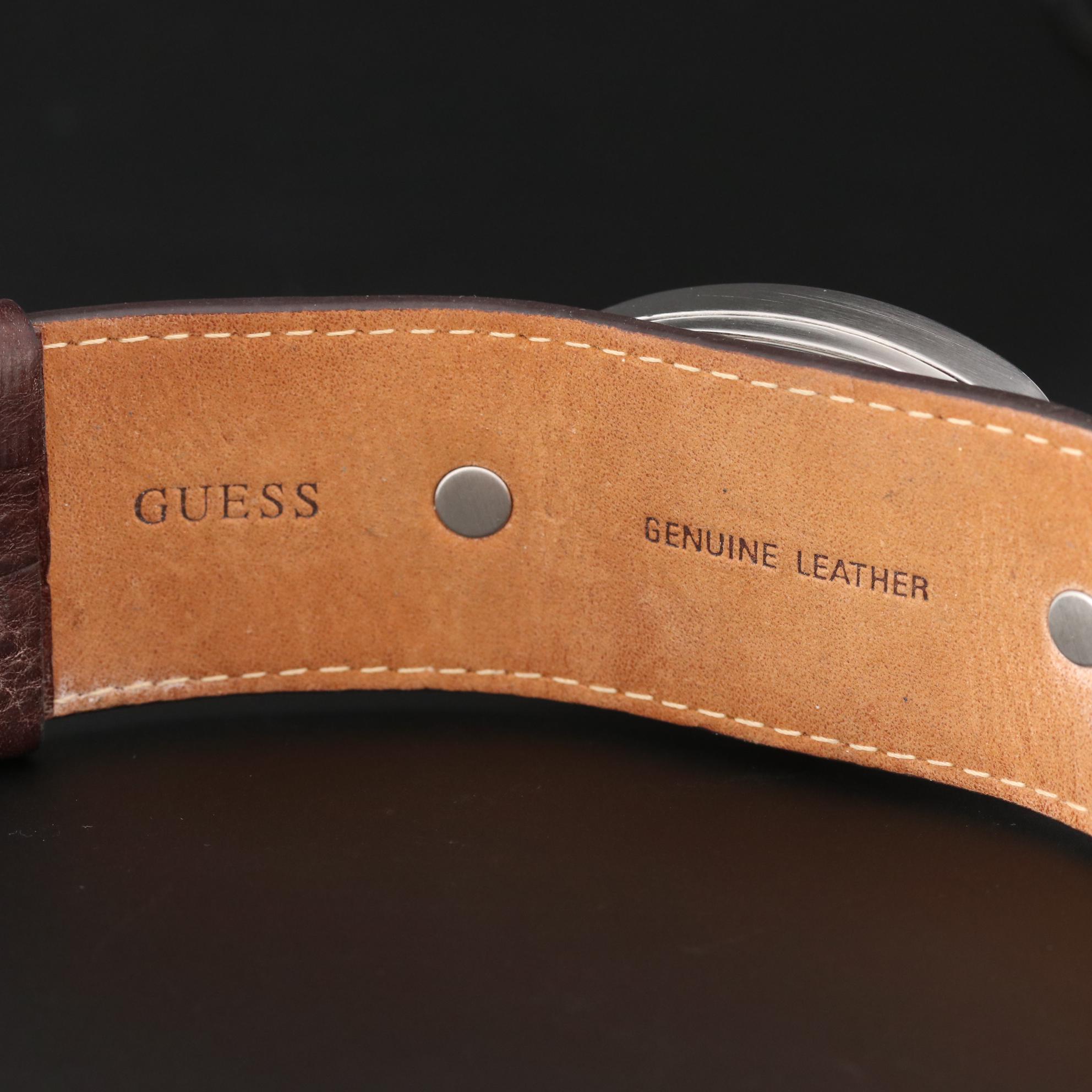 Guess Stainless Steel Quartz Watch on Leather Strap Band