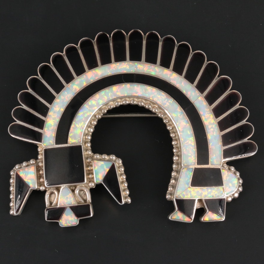 Fadrian Bowannie Zuni Sterling Opal and Glass Rainbow Man Converter Brooch