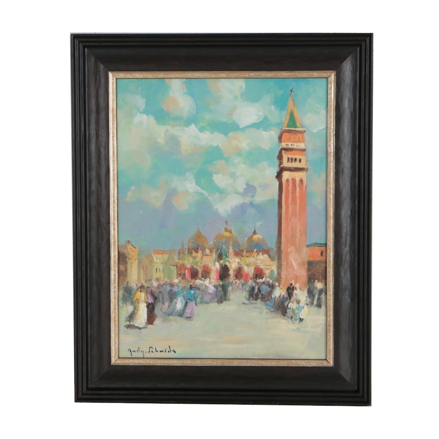 St. Mark's Square Oil Painting, Late 20th Century