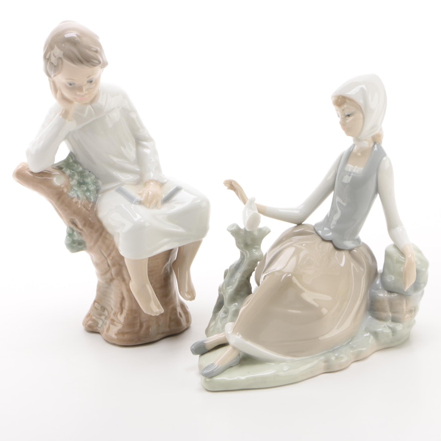 Lladró "Thinker Little Boy" and "Shepherdess with Dove" Porcelain Figurines