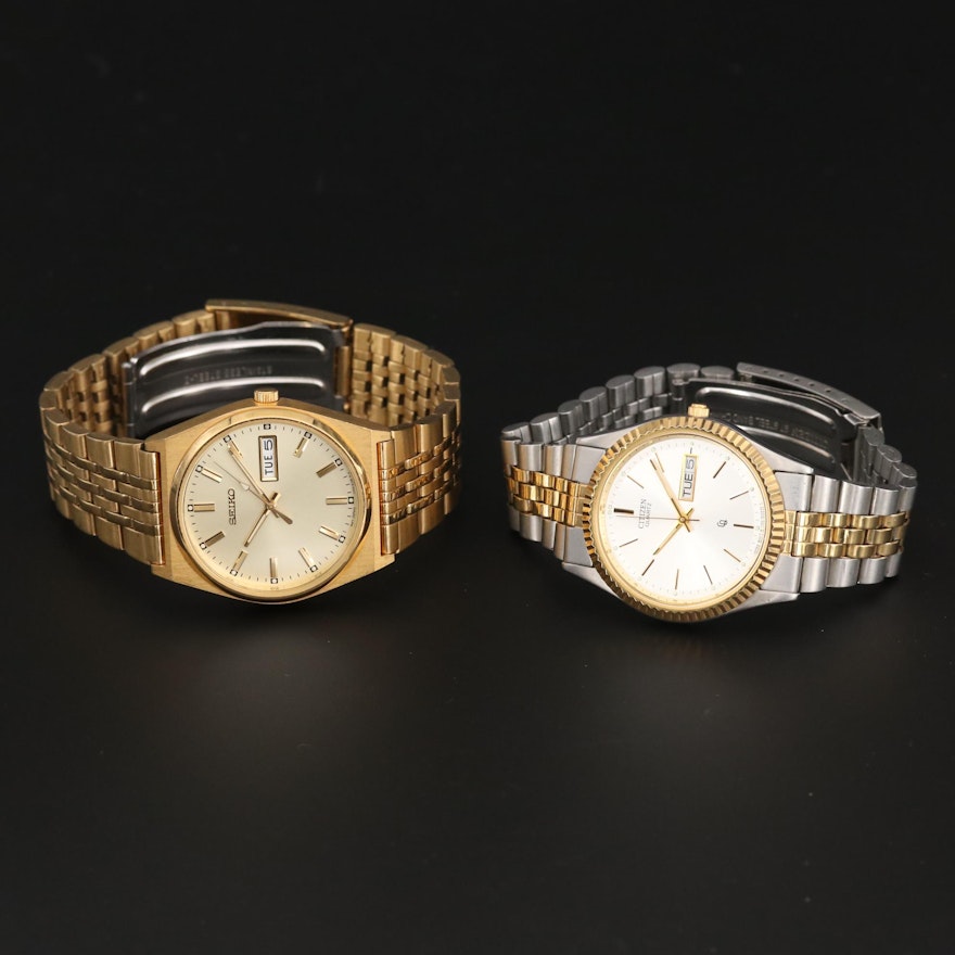Seiko Gold Tone and Citizen Two Tone Quartz Day and Date Wristwatches