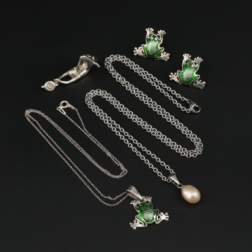 Sterling Enamel Frog Necklace and Earrings, Figural Pendant and Pearl Necklace