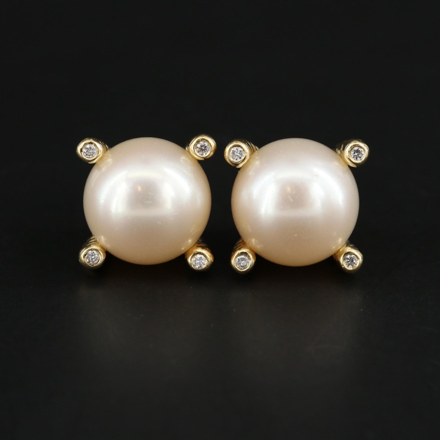 David Yurman 18K Yellow Gold Cultured Pearl and Diamond Earrings