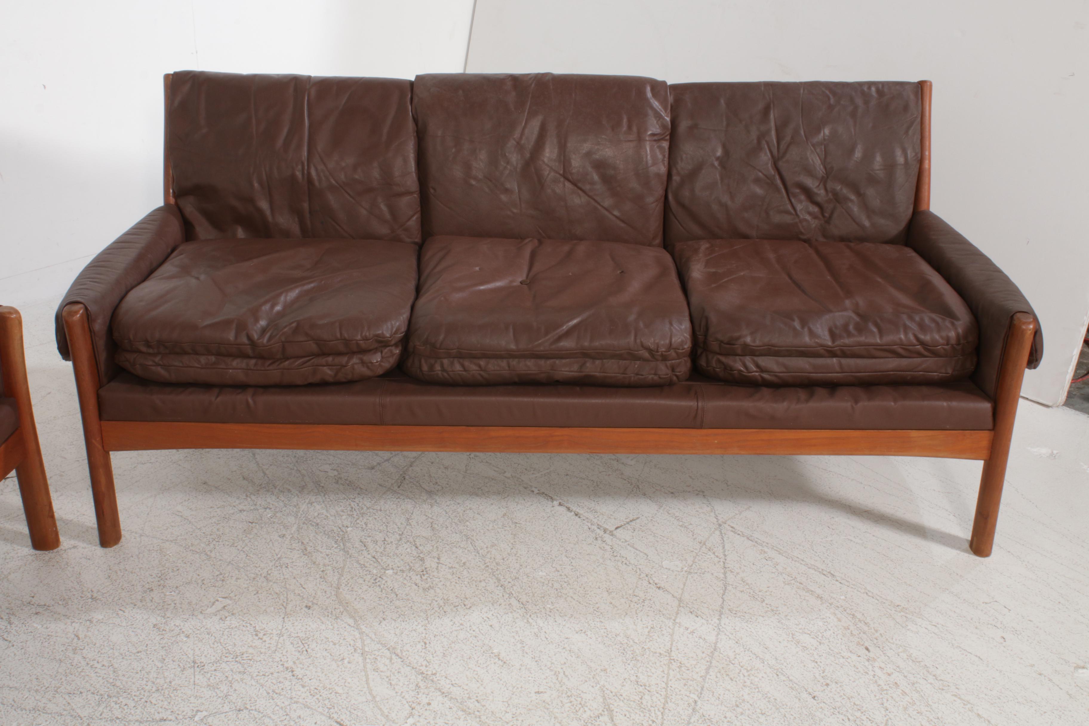 Dyrlund Danish Modern Teak and Leather Sofa and Loveseat, Mid 20th Century