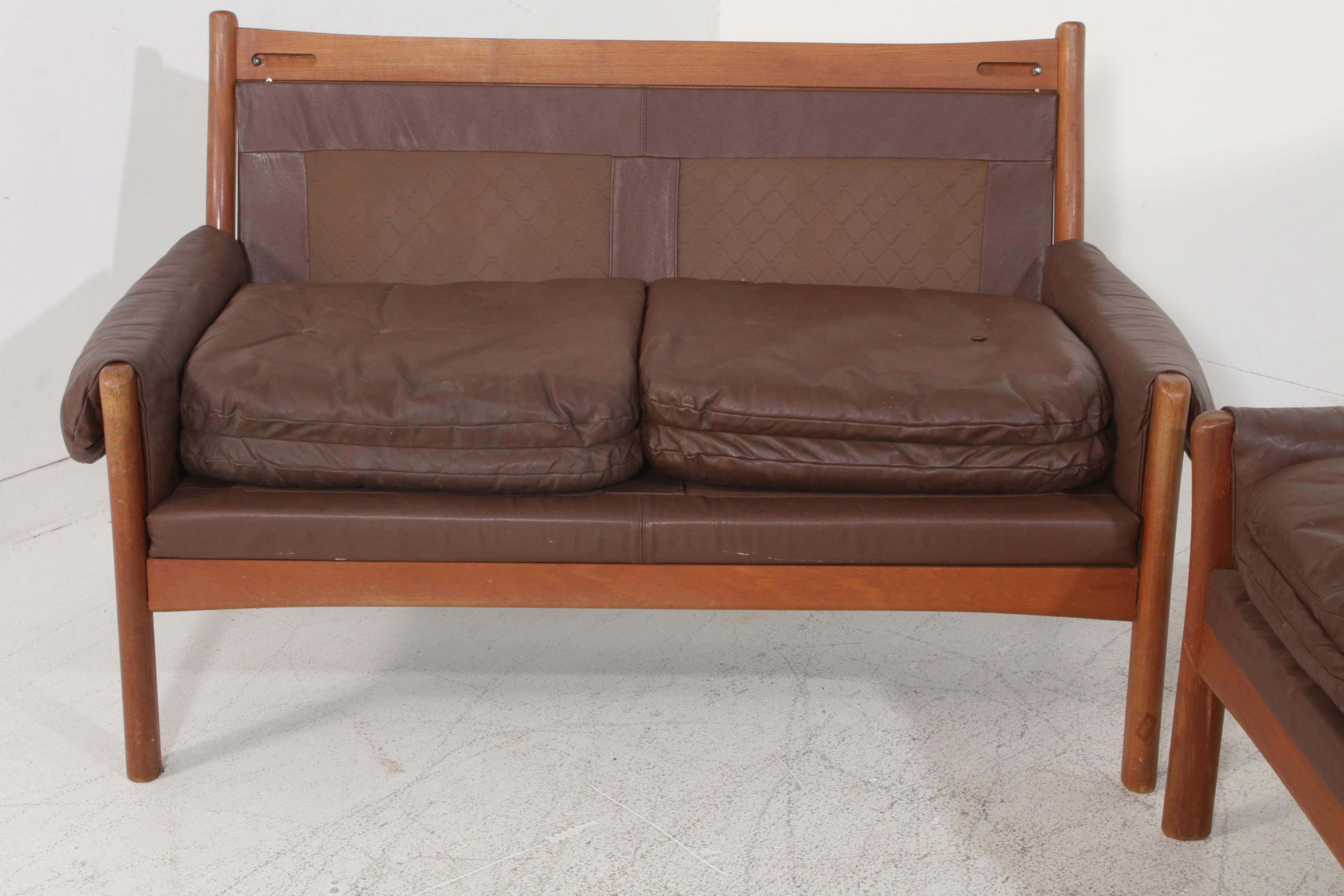 Dyrlund Danish Modern Teak and Leather Sofa and Loveseat, Mid 20th Century