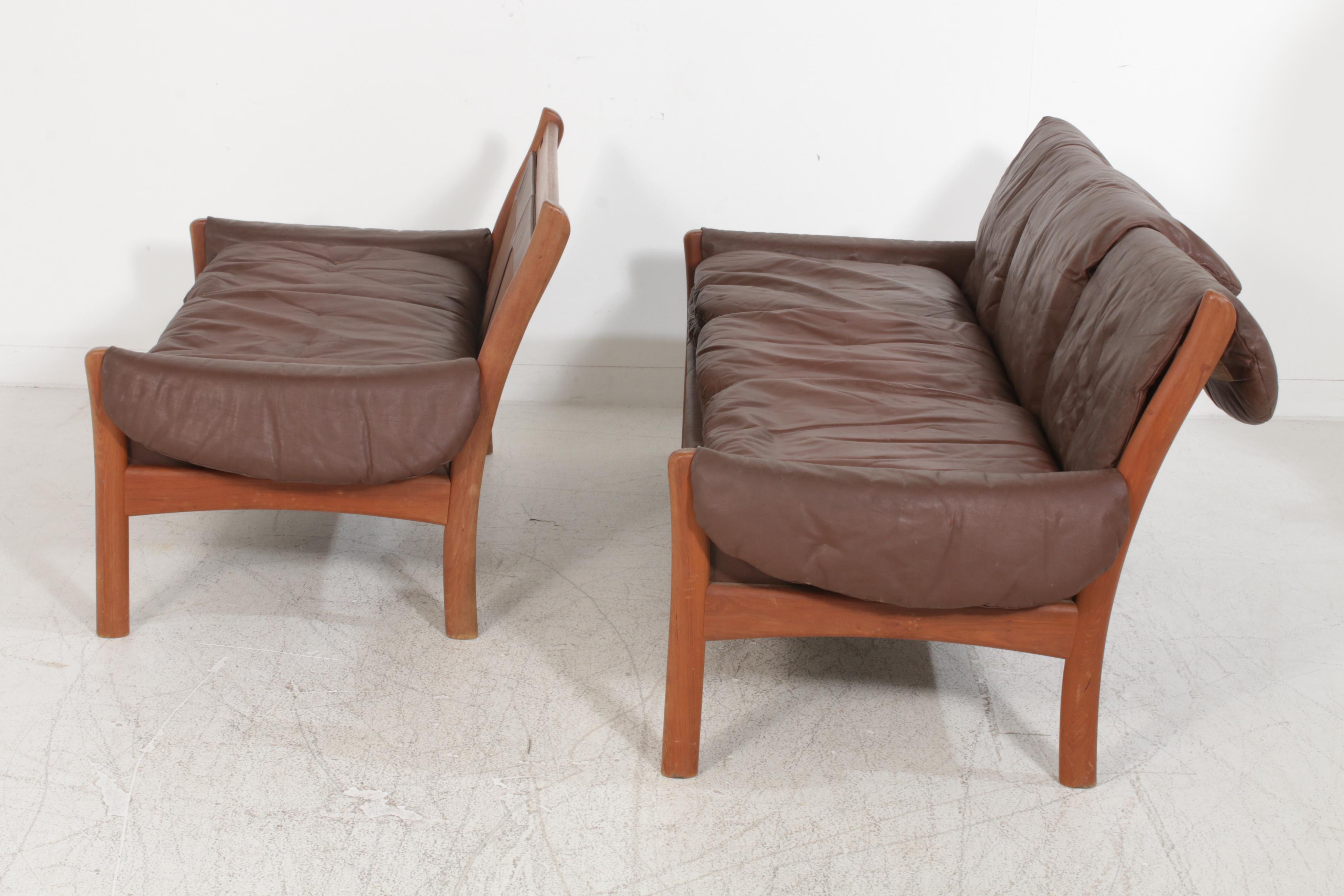 Dyrlund Danish Modern Teak and Leather Sofa and Loveseat, Mid 20th Century