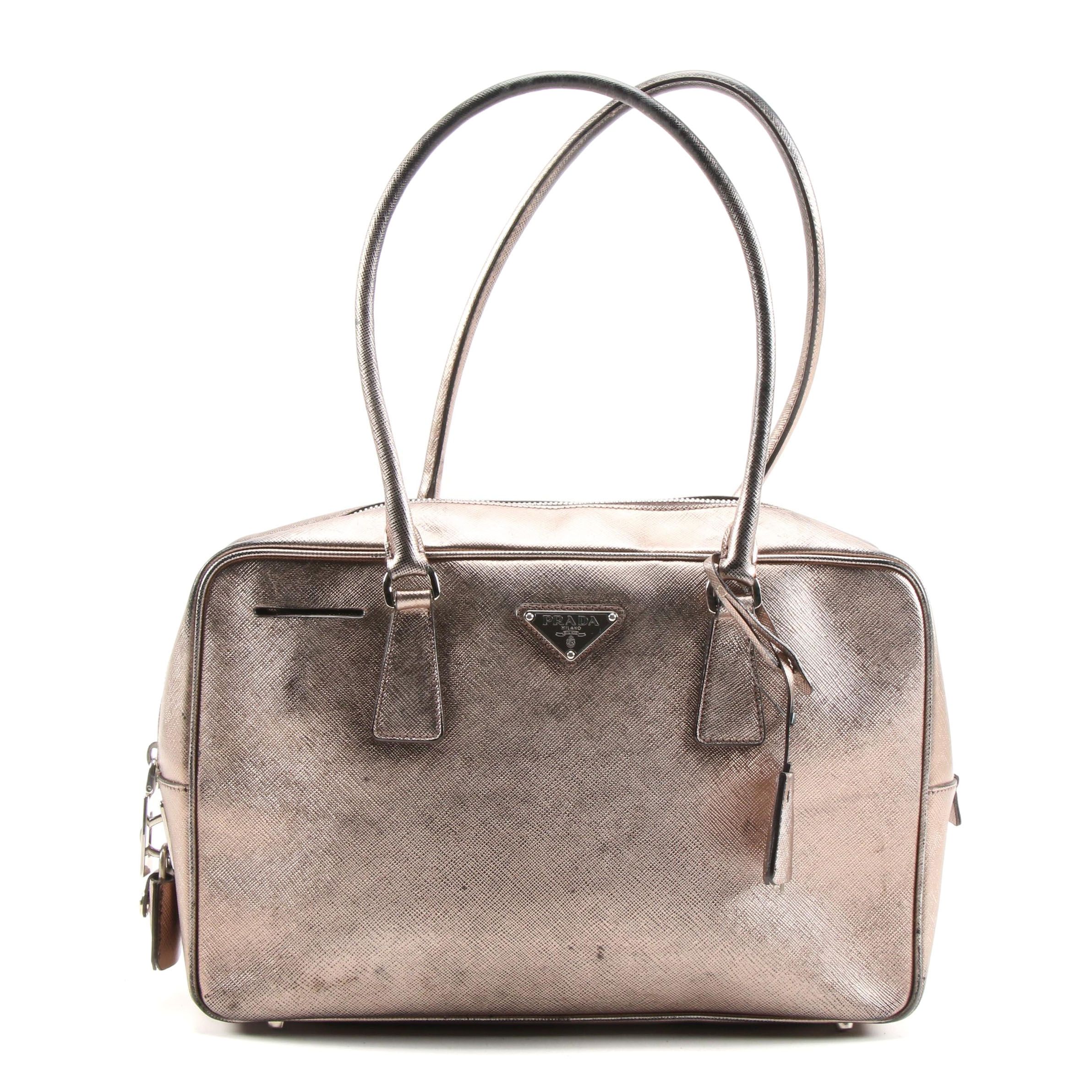 Prada Metallic Pewter Saffiano Leather Satchel