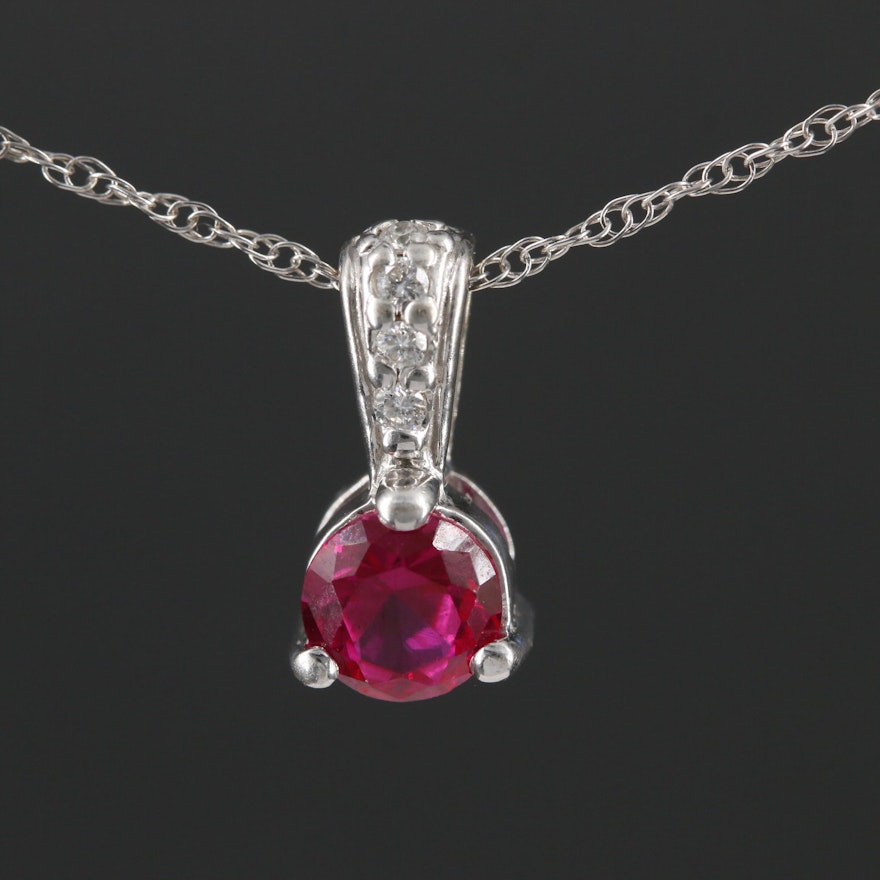 14K and 10K White Gold Ruby and Diamond Pendant Necklace