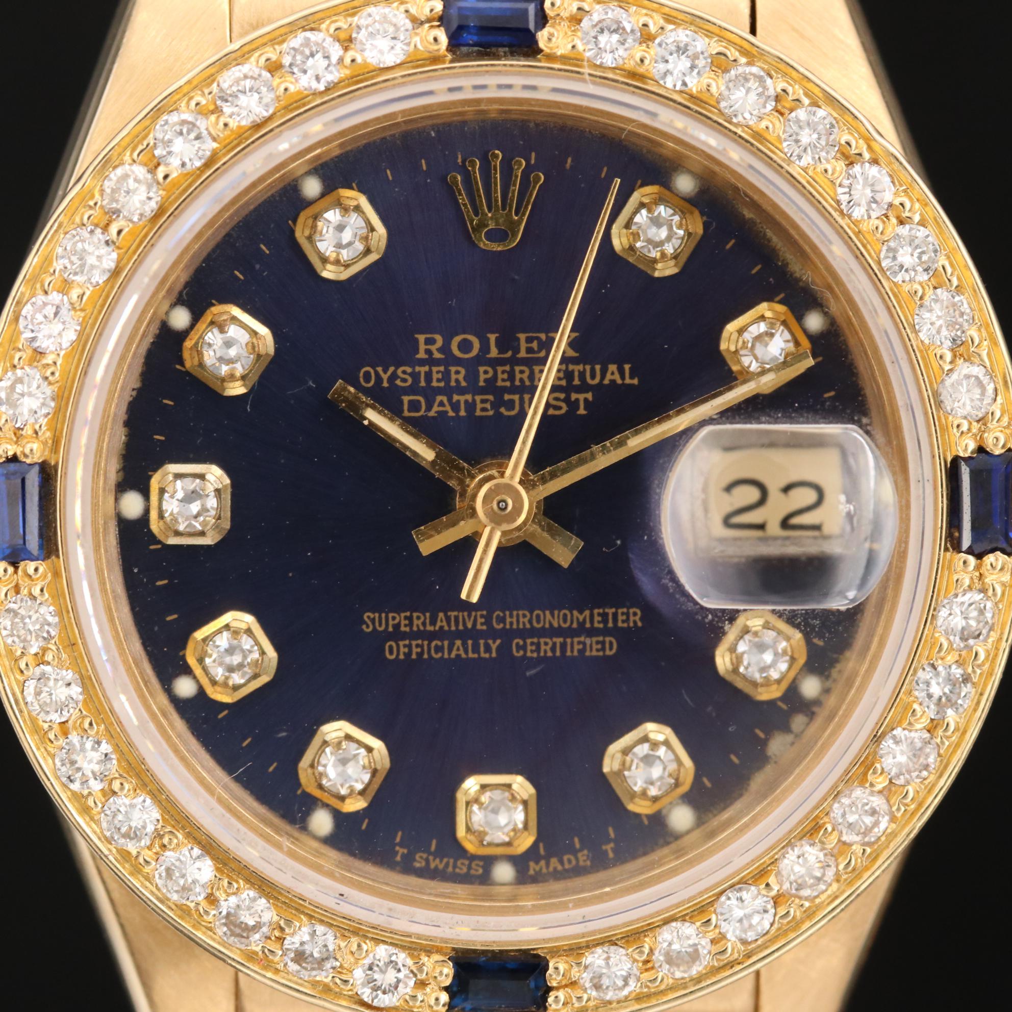 18K Gold Rolex Presidential Datejust Diamond and Sapphire Watch, Circa 1986