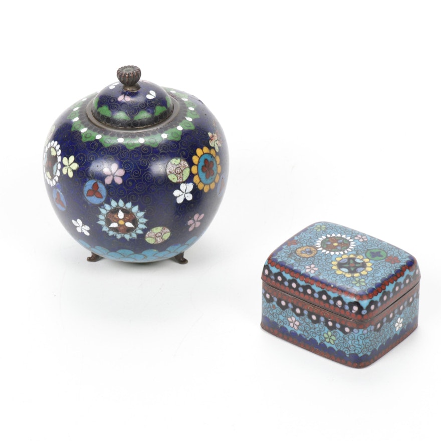Japanese Meiji Period Cloisonné Lidded Jar and Trinket Box