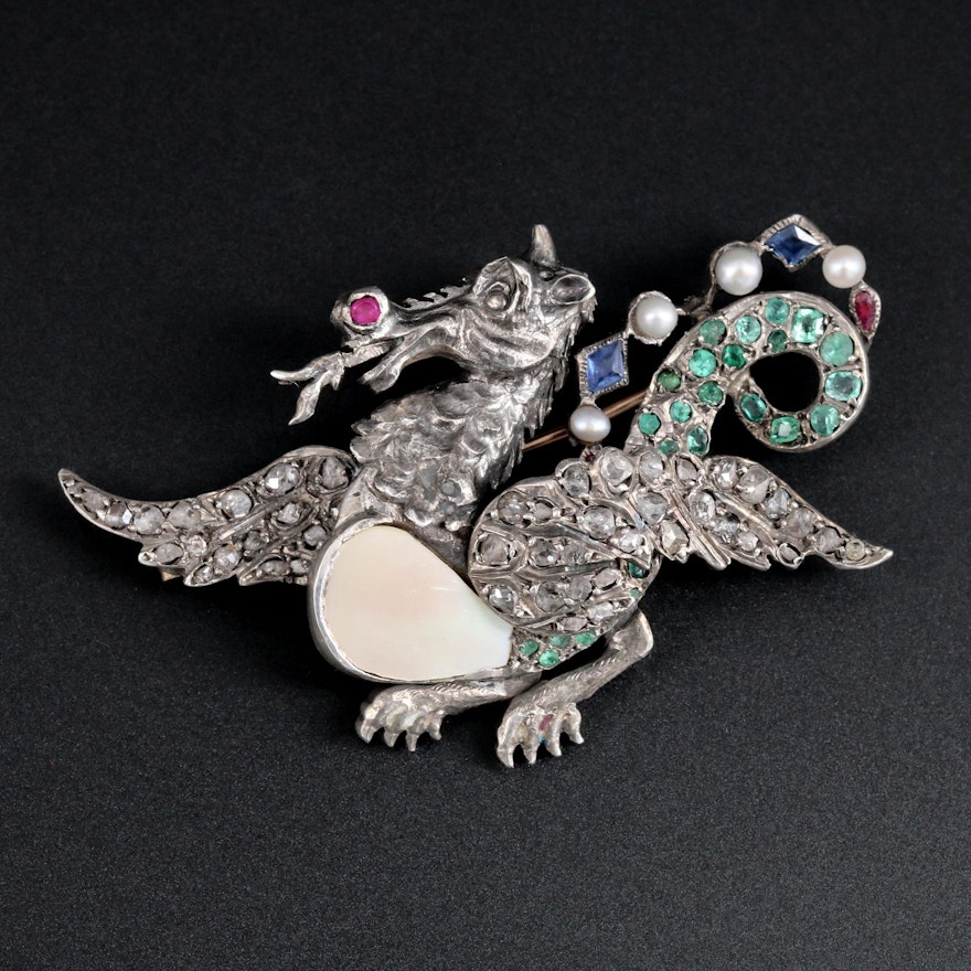 Vintage Sterling Silver Diamond and Gemstone Dragon Brooch