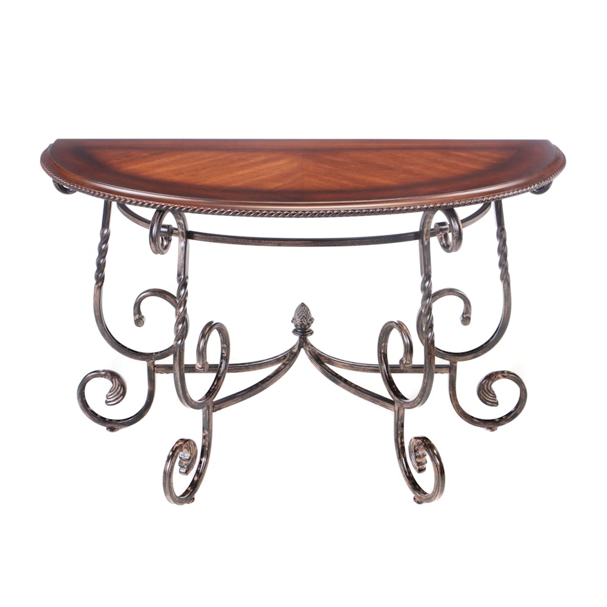 Demi-Lune Wrought Metal and Mahogany Console Table, Contemporary