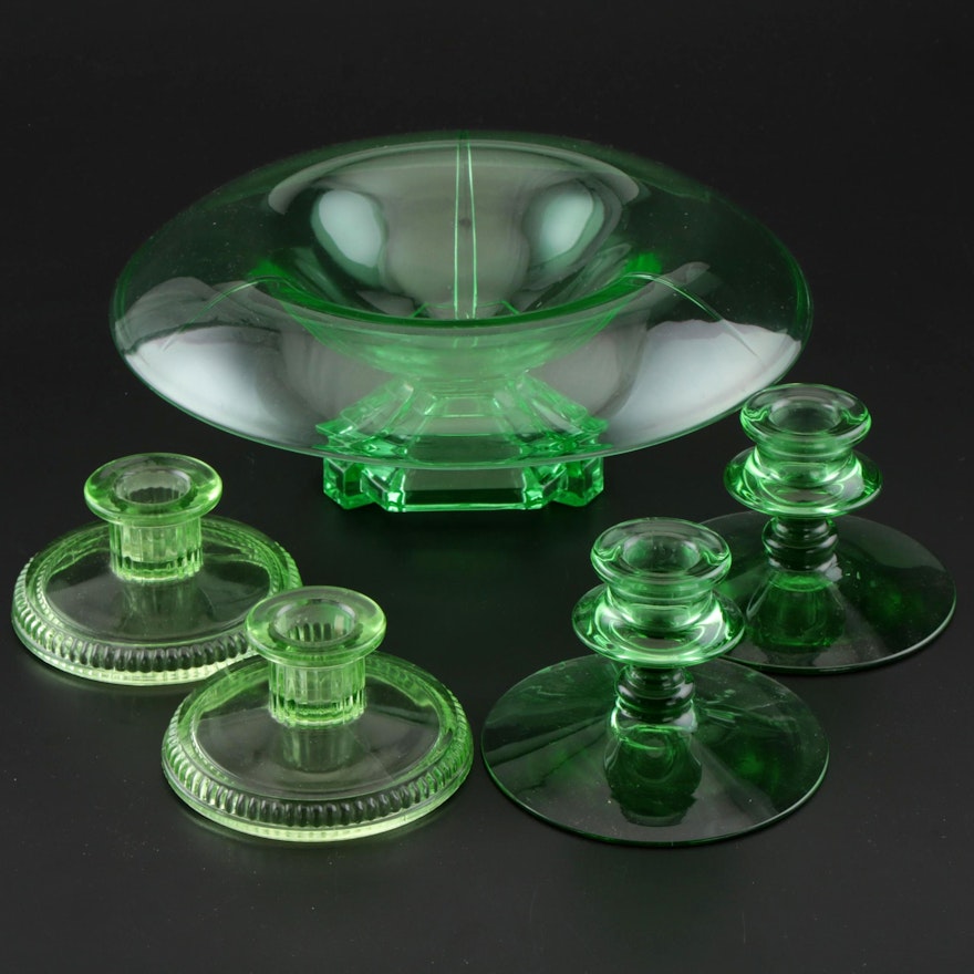 Art Deco Uranium Glass Footed Console Bowl with Candle Holders, 1930's