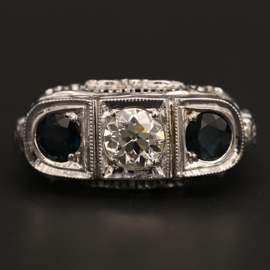 Vintage Art Deco 18K and 14K White Gold Sapphire and Diamond Ring