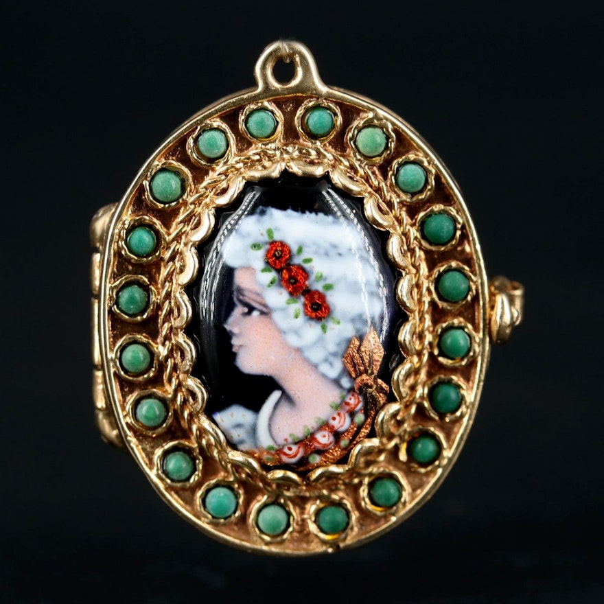 14K Yellow Gold Turquoise and Enamel Locket with French Portrait