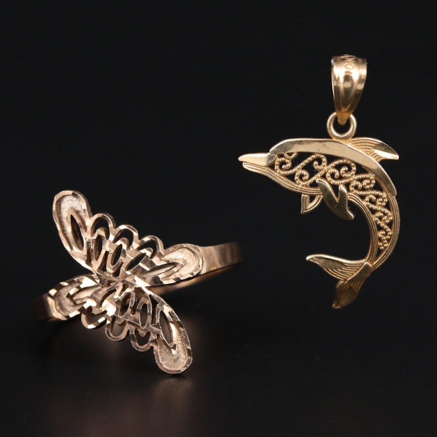 10K Yellow Gold Bypass Ring and Dolphin Pendant