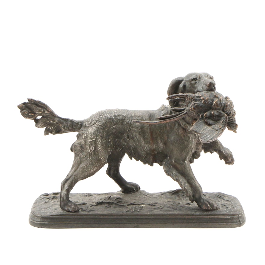 Cast Metal Hunting Dog with Fowl Statuette