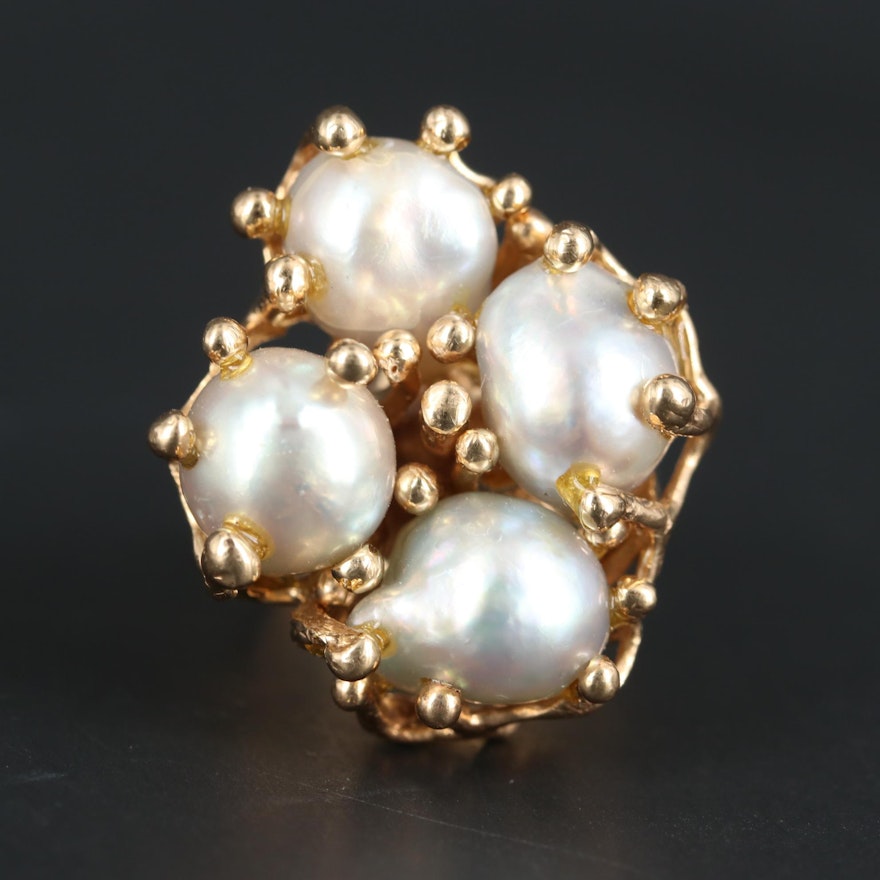 14K Yellow Gold Cultured Pearl Biomorphic Ring