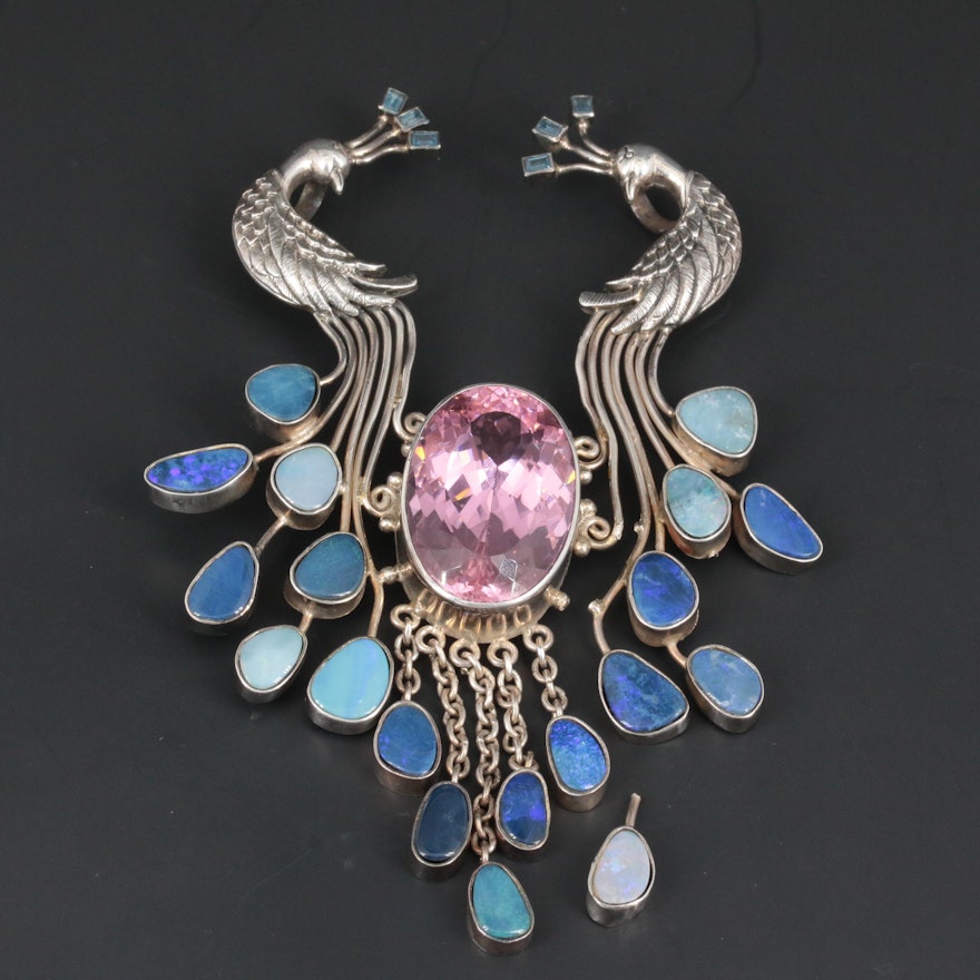 Soms Sterling Silver Glass, Opal Doublet and Spinel Peacock Pendant